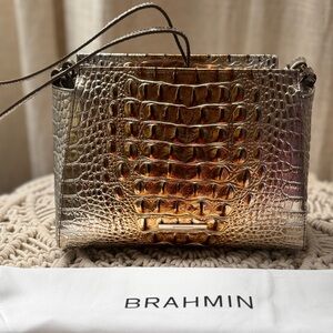 Brahmin Gold and Silver Crossbody Bag with Croc-Embossed Design